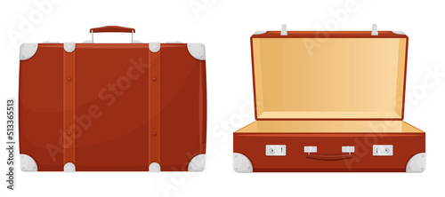 Open and closed Retro Leather Suitcase With Metal Corners, Belts and Handle, Isolated on White Background. Vacation and Travel Concept. Vintage bag. Front view. Vector flat design