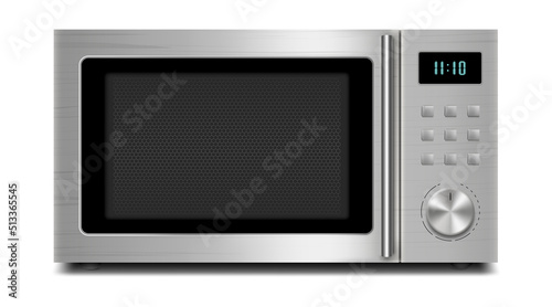 Realistic Microwave Isolated on White Background. Front Front viewof Stainless Steel Over the Range Microwave Oven. Household Kitchen and Domestic Appliances. Home Innovation. Vector 3D photo