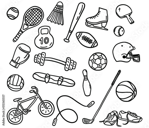 Sport set with doodle line style vector