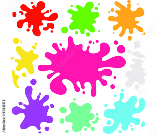 Hand drawn set of color paint splashes different shapes of paint splatter and drops ink blobs