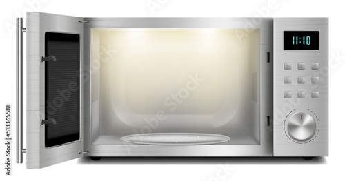 Vector 3d realistic microwave oven with light inside, with open door, front view isolated on background. Household appliance to heat and defrost food, for cooking, with timer and buttons