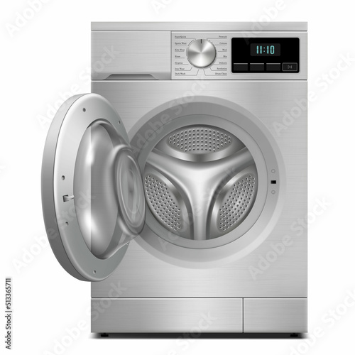 Washing machine mockup isolated on white background. Modern, realistic 3d vector washing machine with open door. llustration of home appliances. Front view, close-up