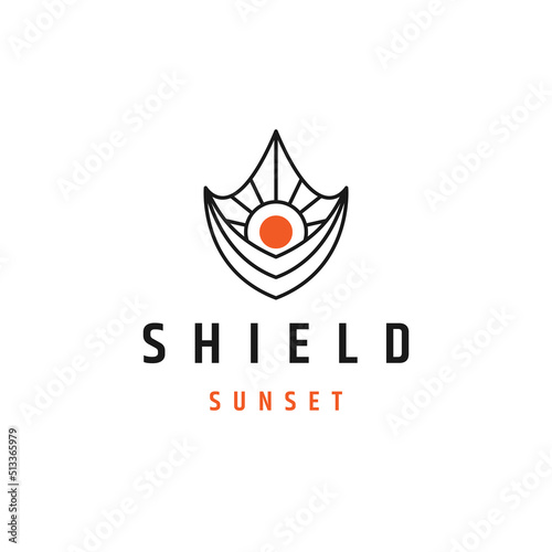 Shield of sunset line logo icon design template flat vector