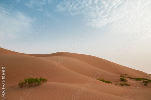 Landscape of sand dune hills against a bright blue sky in Al Wathbah Desert in Abu Dhabi, United Arab Emirates.