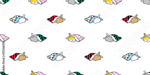 cat seamless pattern calico kitten sleeping blanket vector neko breed cartoon character pet repeat wallpaper tile background animal doodle illustration scarf isolated design