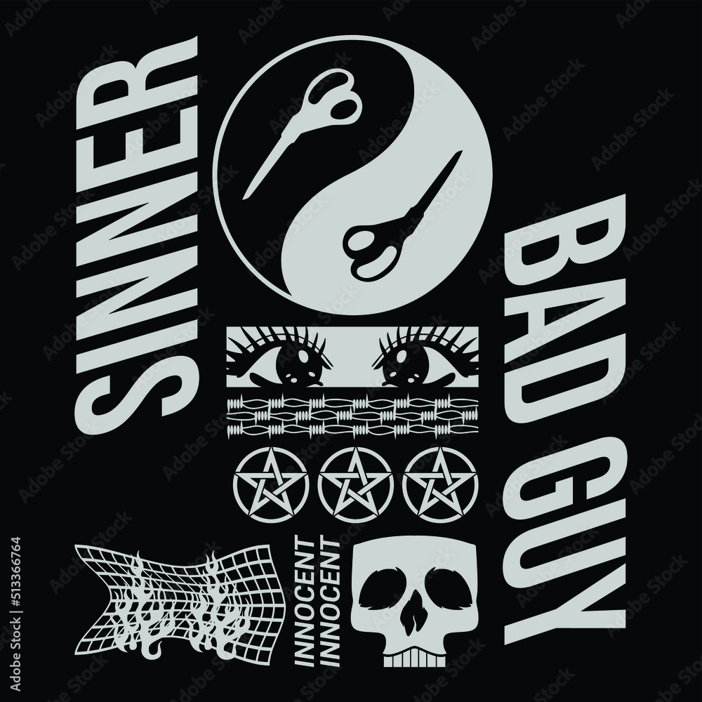 Vector with a yin yang symbol and scissors and "SINNER BAD GUY" text an