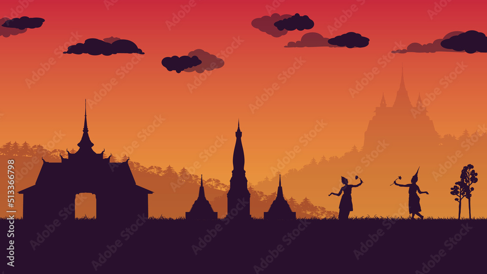 Fototapeta premium silhouette of traditional Thai Dance and pagoda and temple at Thailand on gradient background