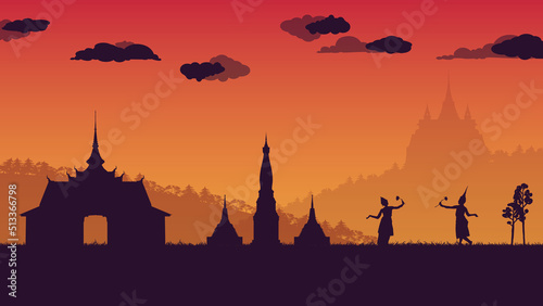 silhouette of traditional Thai Dance and pagoda and temple at Thailand on gradient background