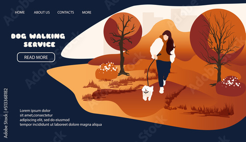 Dog walking service landing page, template for website. Woman with walks with dog at city park in autumn time