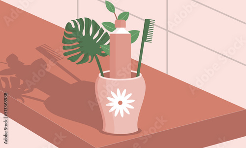 Toothbrush in a glass with a tube of paste vector illustration