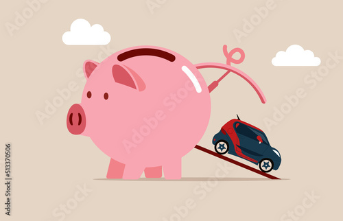 Wealthy piggy bank open container loading deliver new car to new owner. Saving money for new car, automobile expense and cost or car loan.