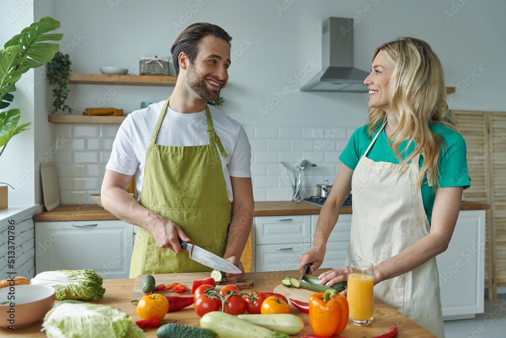 Beautiful young couple chopping vegetables at the domestic kitchen Beautiful young couple chopping vegetables at the domestic kitchen