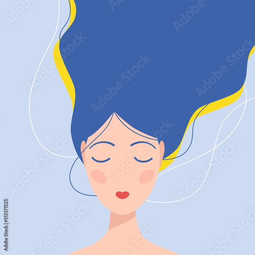 The face of a young ukrainian woman with blue hair raised up in the colors of the Ukrainian flag. Save Ukraine. Pray for Ukraine