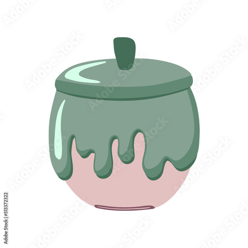 Ceramic sugar bowl isolated on white background.  Handmade tableware. Hand drawn vector illustration. Cartoon style.
