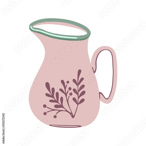 Ceramic milk jug with herbal ornament.  Capacity for drink. Handmade tableware. Vector illustration isolated on white background.