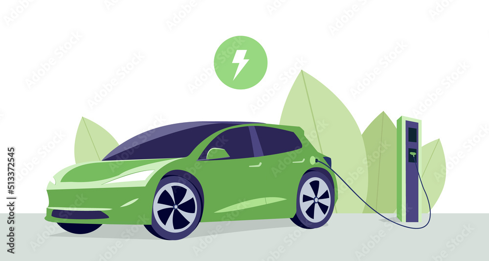 Electric car on charging station with green skyline. Battery EV vehicle plugged and getting electricity. Vehicle being charged. Editable vector illustration