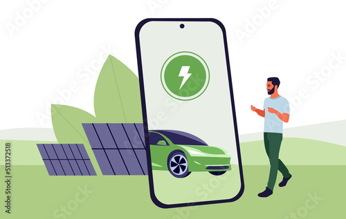 Man using app searching electric car charging station. Battery EV vehicle plugged and getting electricity from renewable power generations solar panel, wind turbine. Solar battery