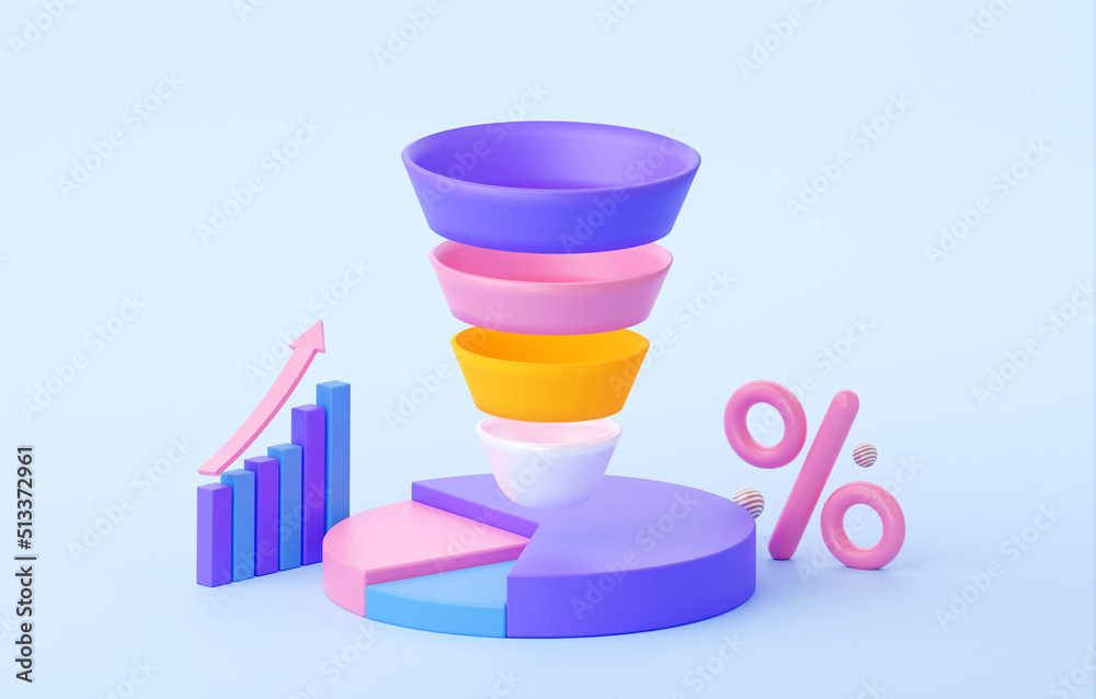 A sales funnel with a percentage and statistics. In purple, pink and blue colors. Round diagram with arrow to the top. 3d rendering illustration - obrazy, fototapety, plakaty 