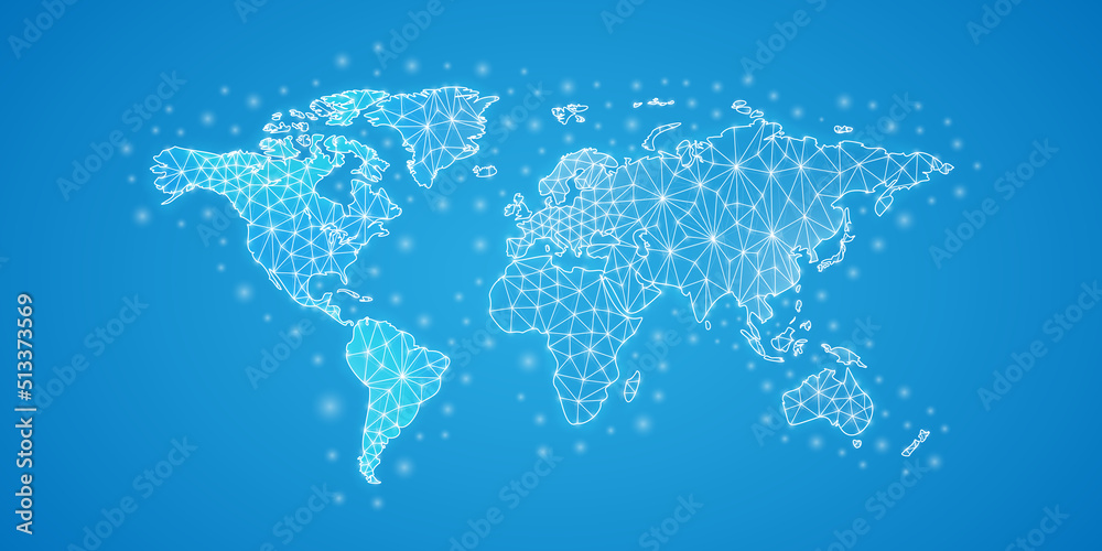 World Map low poly symbol with white connected dots. 3d geometric polygonal Earth planet. Geography, travel, cartography design vector illustration. - obrazy, fototapety, plakaty 