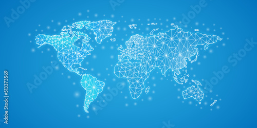 World Map low poly symbol with white connected dots. 3d geometric polygonal Earth planet. Geography, travel, cartography design vector illustration.