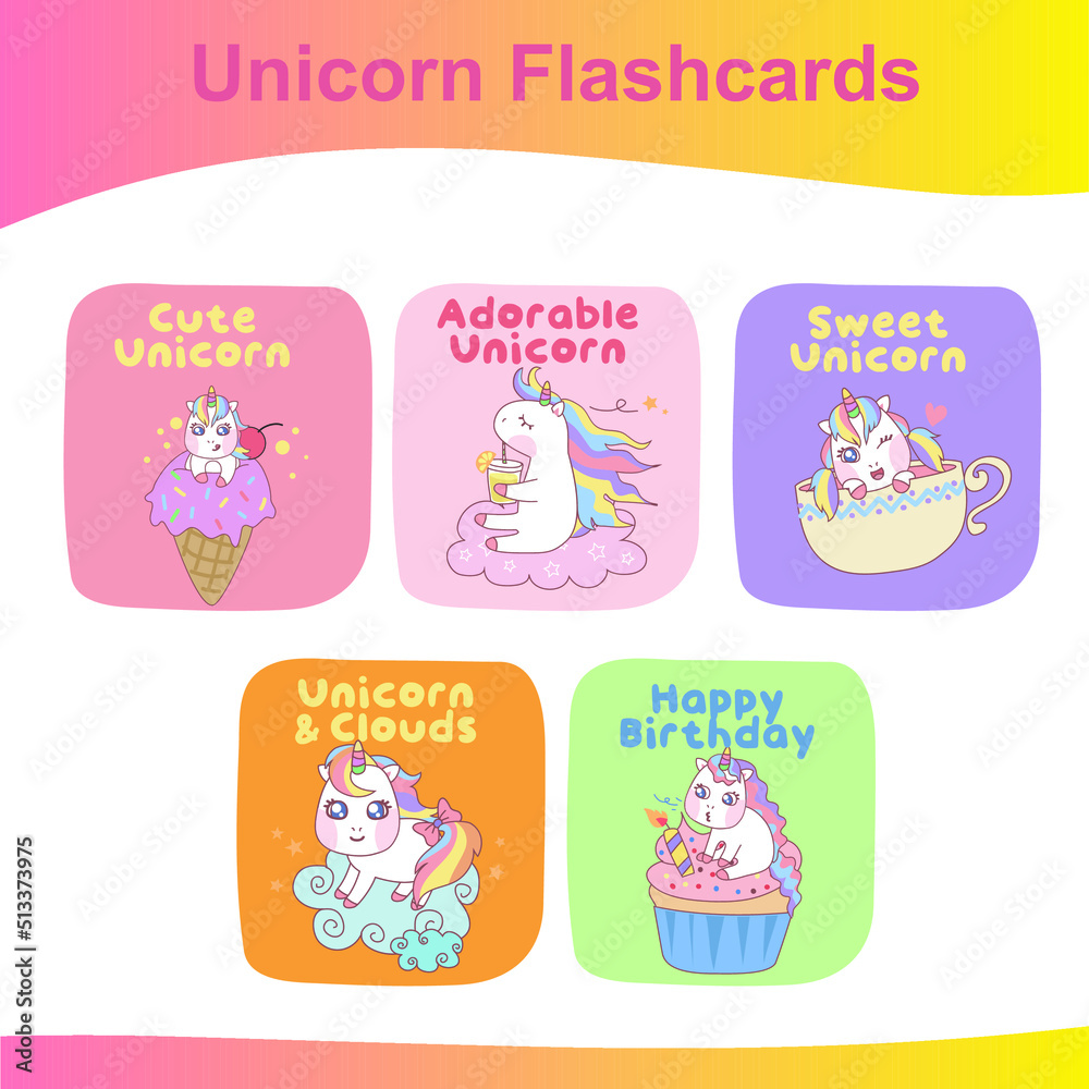 Cute unicorns collection flashcards. Printable game cards. Vector illustration. Cute unicorns collection flashcards. Printable game cards. Vector illustration.