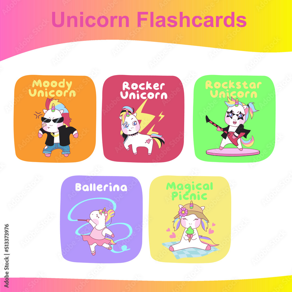 Cute unicorns collection flashcards. Printable game cards. Vector illustration. Cute unicorns collection flashcards. Printable game cards. Vector illustration.