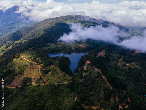 Beautiful aerial view of a Lagoon in the middel of the mountains near Santa Maria de dota in Costa Rica