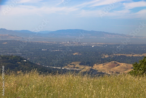 Downtown Walnut Creek from the grasslands of Las Trampas hills in Northern California