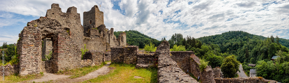 Manderscheid Castle Panorama in the volcanic Eifel of Germany