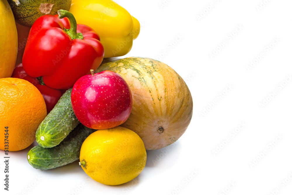 Vegetables and fruits isolated on white background. Free space for text. Vegetables and fruits isolated on white background. Free space for text.