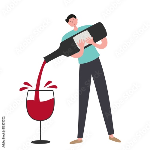 A man pouring wine into a glass, a cartoon man with a huge bottle and a glass of wine, a hand drawn bartender