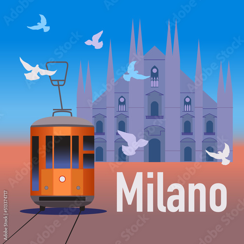 Milan scene with a tram and the cathedral vector illustration