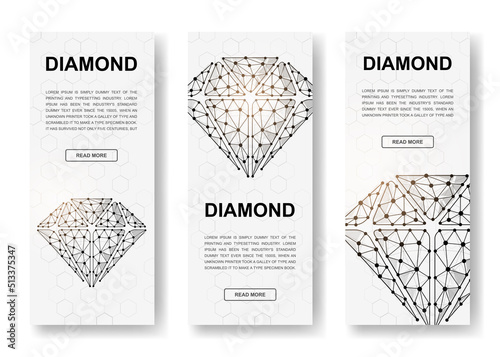 Set of three Diamond polygonal vertical banners. 3d Jewelry low poly symbols with connected dots. Vertical illustration for homepage design.