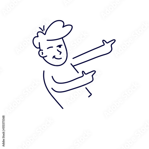 Successful man points finger. Funny modern joyful character. Outline cartoon. Joke and joy