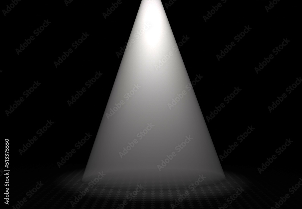 White cone of light on metal floor template. Bright glow from spotlight 3d render illuminates round empty area. Decoration of solemn interior and presentation White cone of light on metal floor template. Bright glow from spotlight 3d render illuminates round empty area. Decoration of solemn interior and presentation