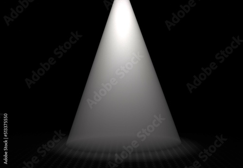 White cone of light on metal floor template. Bright glow from spotlight 3d render illuminates round empty area. Decoration of solemn interior and presentation