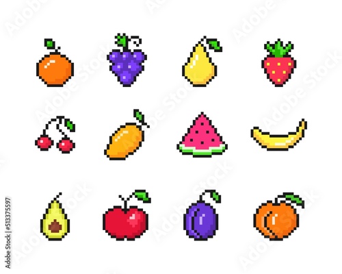 Tropical pixel fruits set. Simple ripe banana with red strawberries and blue plum. Yellow sweet mango with red apple and cherries for vector 8bit design