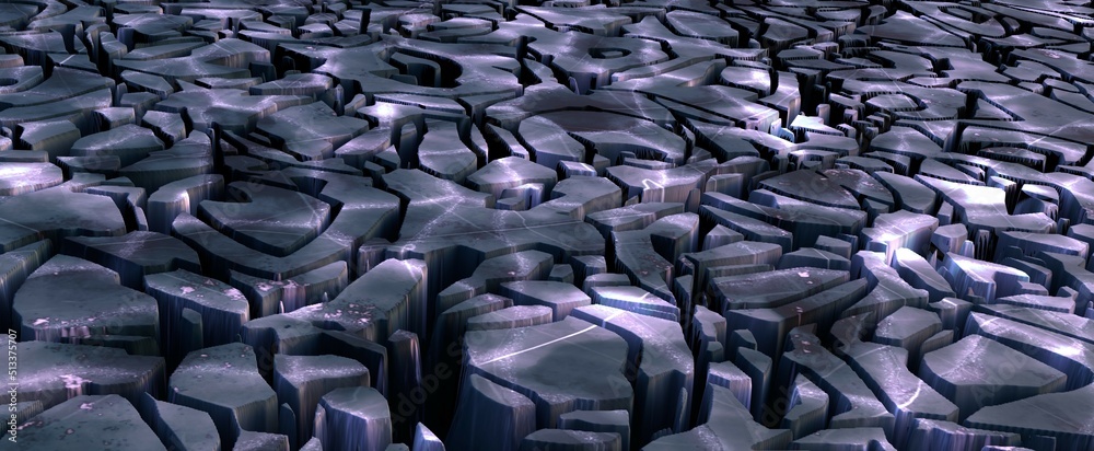 Fototapeta premium Broken into pieces stone surface background. Plateau shattered into geometric parts with 3d render deep crack. Dried desert ground with salt deposits and scratched texture decorative breaks