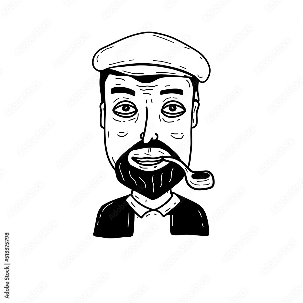 Obraz premium Sea Captain in hand-drawn style. Male character. Sketch and cartoon of man in cap with smoking pipe. Funny fisherman