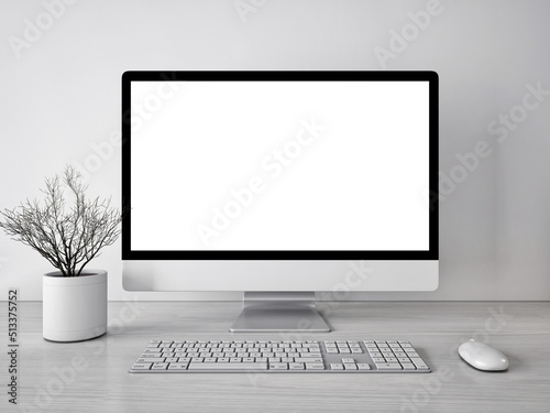 3d rendering mockup template of blank white screen of computer.Minimally designed room in gray and white tones.