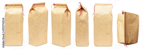 Paper bags. Brown paper bags for coffee, sugar, soda, flour, salt or cereals. Isolated on a white background.