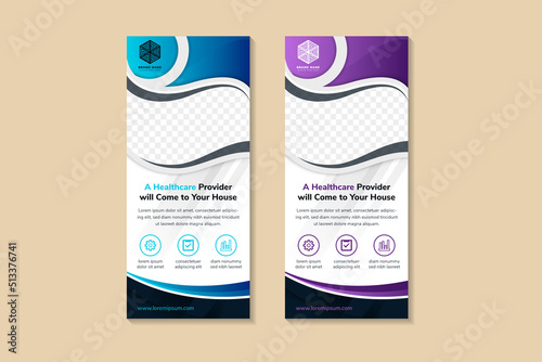 set of curve vertical roll up banner design template for a healthcare provider. white background with  blue and purple on element. space for photo collage and text. infographic icon.