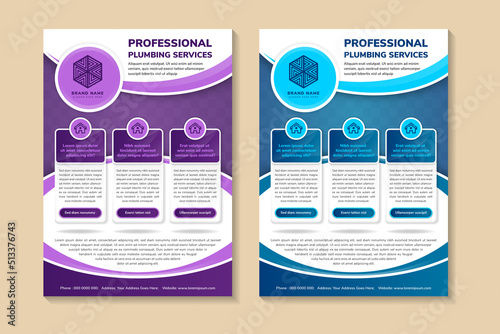 set of curve vertical flyer design template for professional plumbing services. white background with multicolored blue and purple on element. space for photo collage and text. infographic icon.