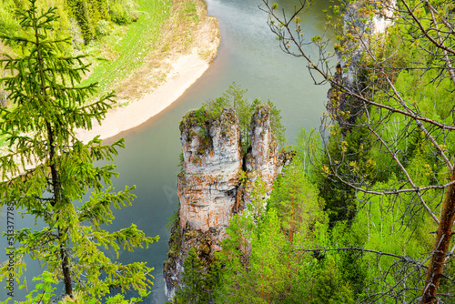 Rocks on the banks of the river in the forest