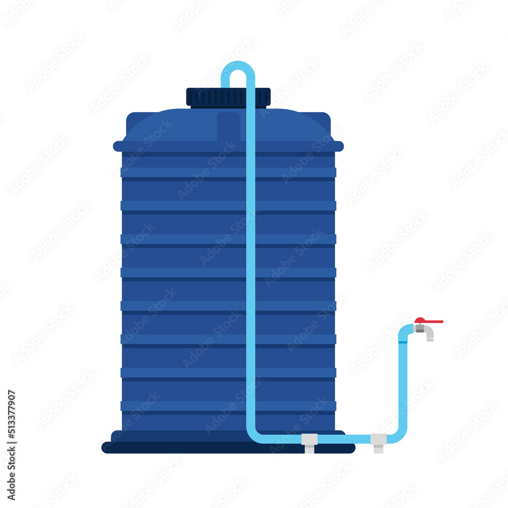 Water tank vector. Tap. Blue water tank on white background. Stock