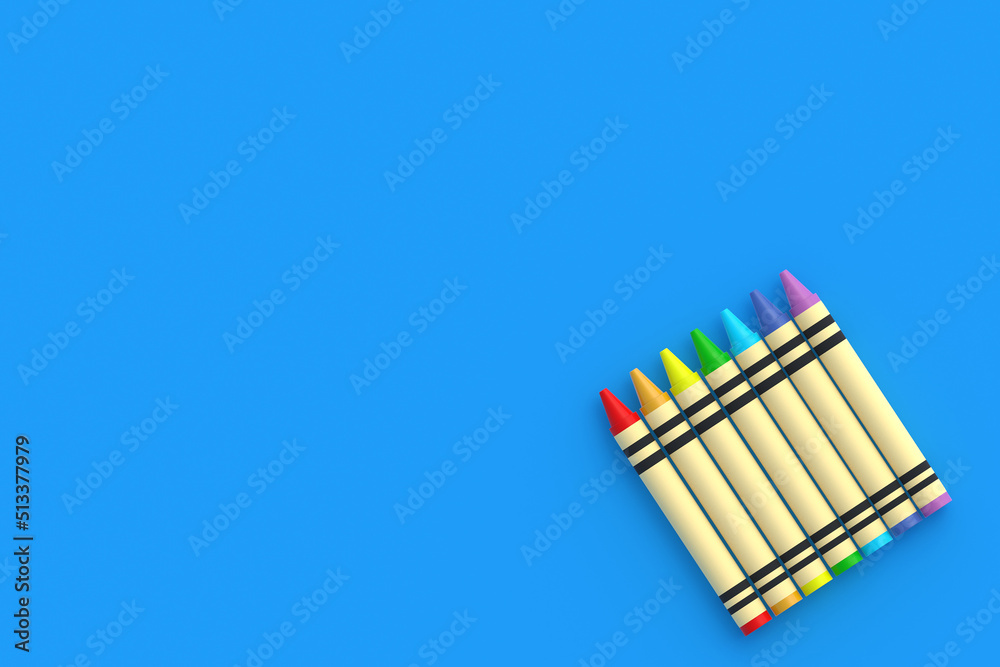 Wax crayons on blue background. Colorful pencils. Back to school concept. Preschool education. Copy space. Top view. 3d render Wax crayons on blue background. Colorful pencils. Back to school concept. Preschool education. Copy space. Top view. 3d render
