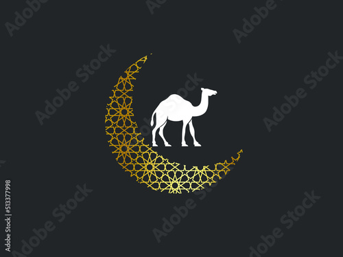 Eid moon with camel. Eid ul adha design template. Eid gratings card. vector illustrations