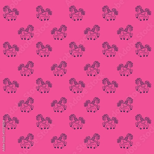 Illustration pattern little horse toys with pink background fashion design