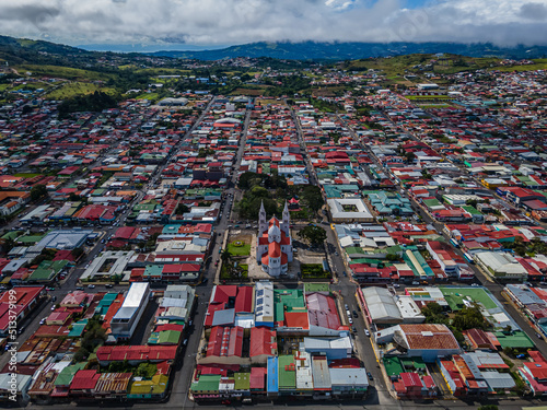 Beautiful aerial view of the San Ramon Church and town in Costa Rica