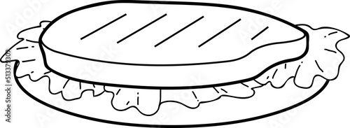 Outlined Cartoon Grilled Beef Steak On Plate. Vector Hand Drawn Illustration Isolated On White Background